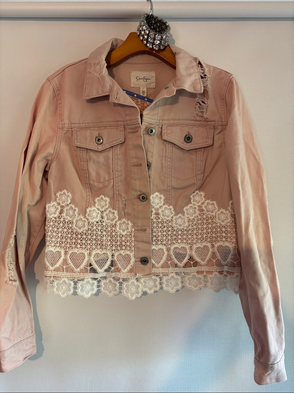 Jessica Simpson Light Pink Denim Jacket with hand sewn White Lace Trim